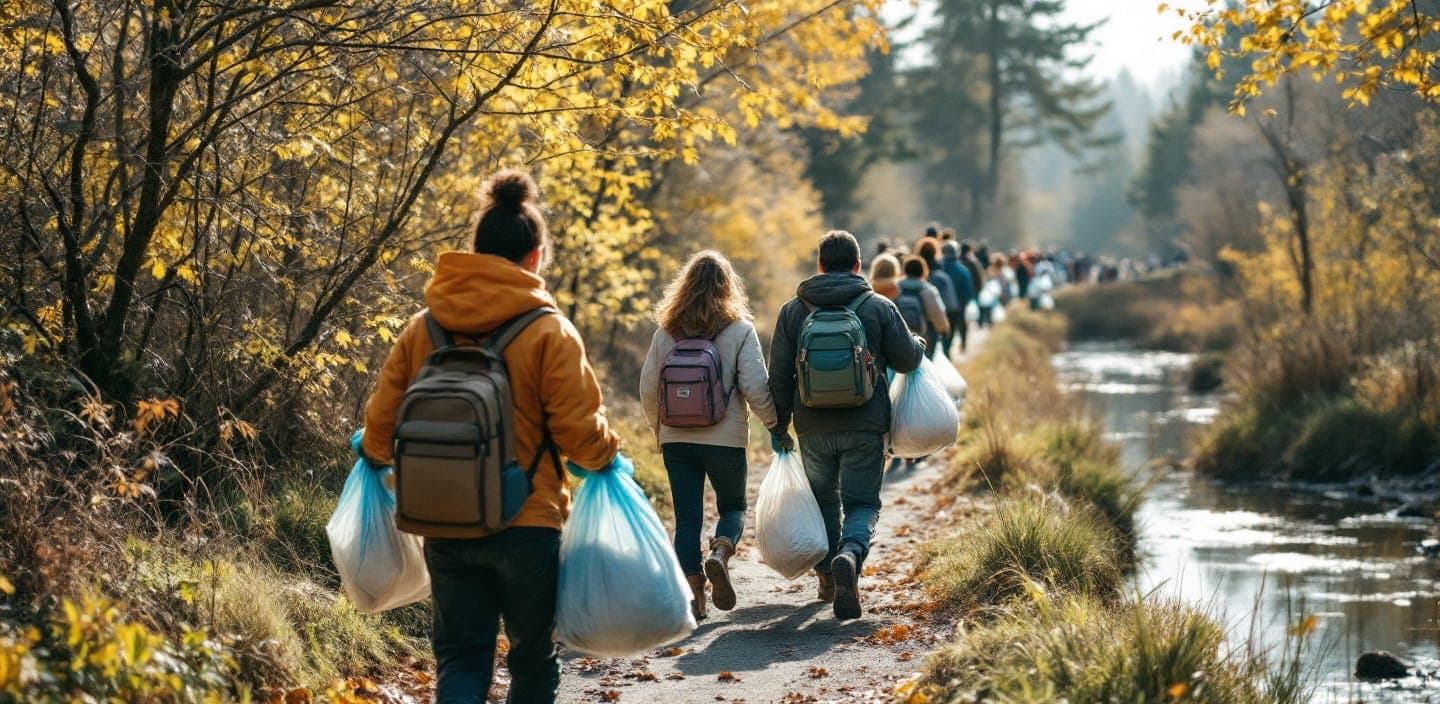Volunteers carrying bags of litter along a riverbank path
