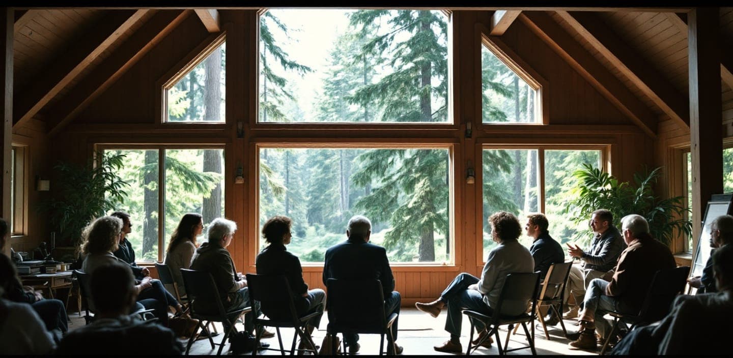 A small discussion circle inside a timber-beamed lodge