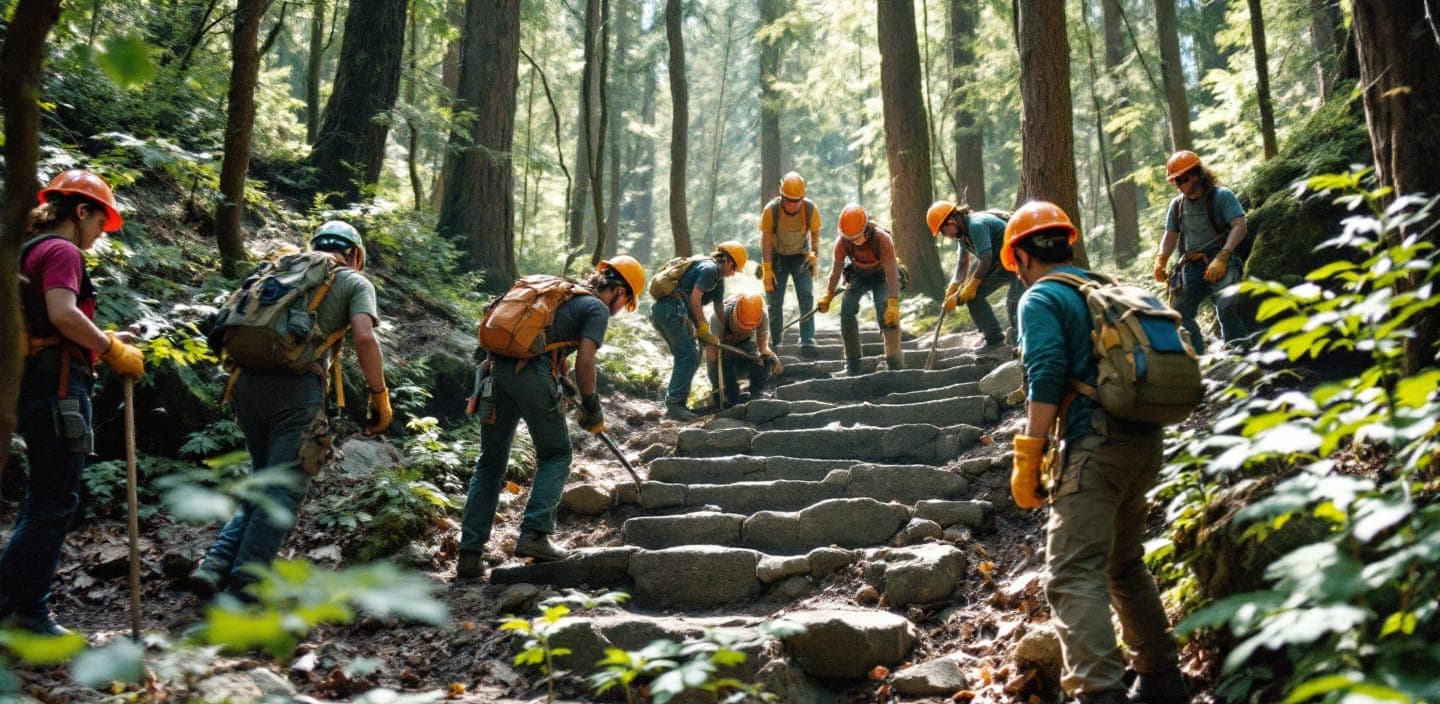 A youth trail crew working with hand tools on a forest path