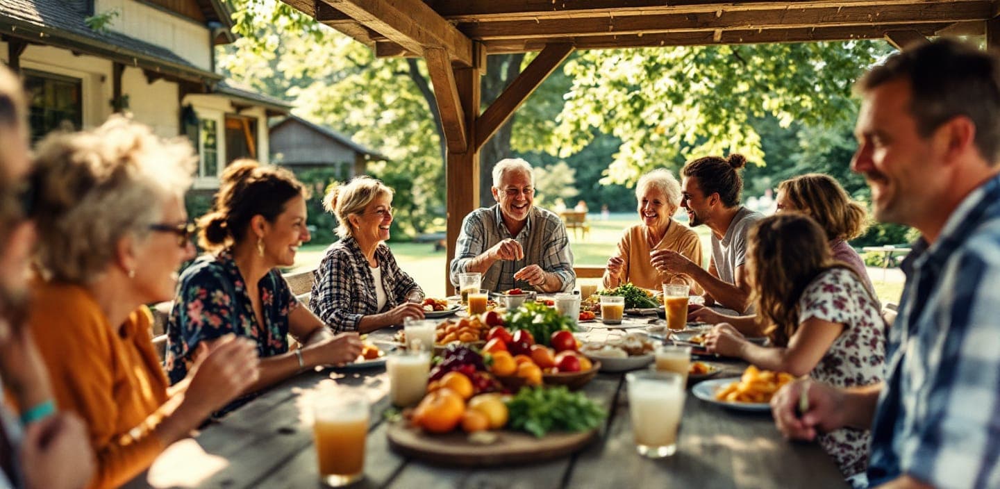 A community group gathered under a park pavilion