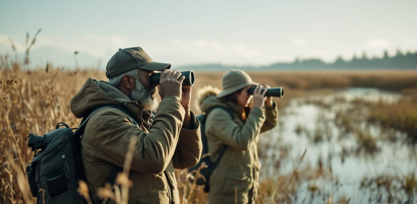 Two birdwatchers with binoculars at the edge of a marsh