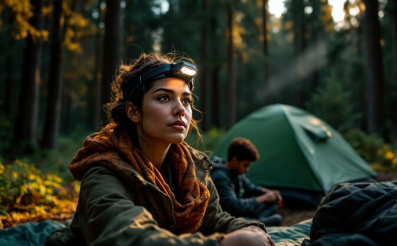 A woman switching on a headlamp at dusk beside a tent at a wooded campsite while a teenage boy unrolls a sleeping pad behind her.