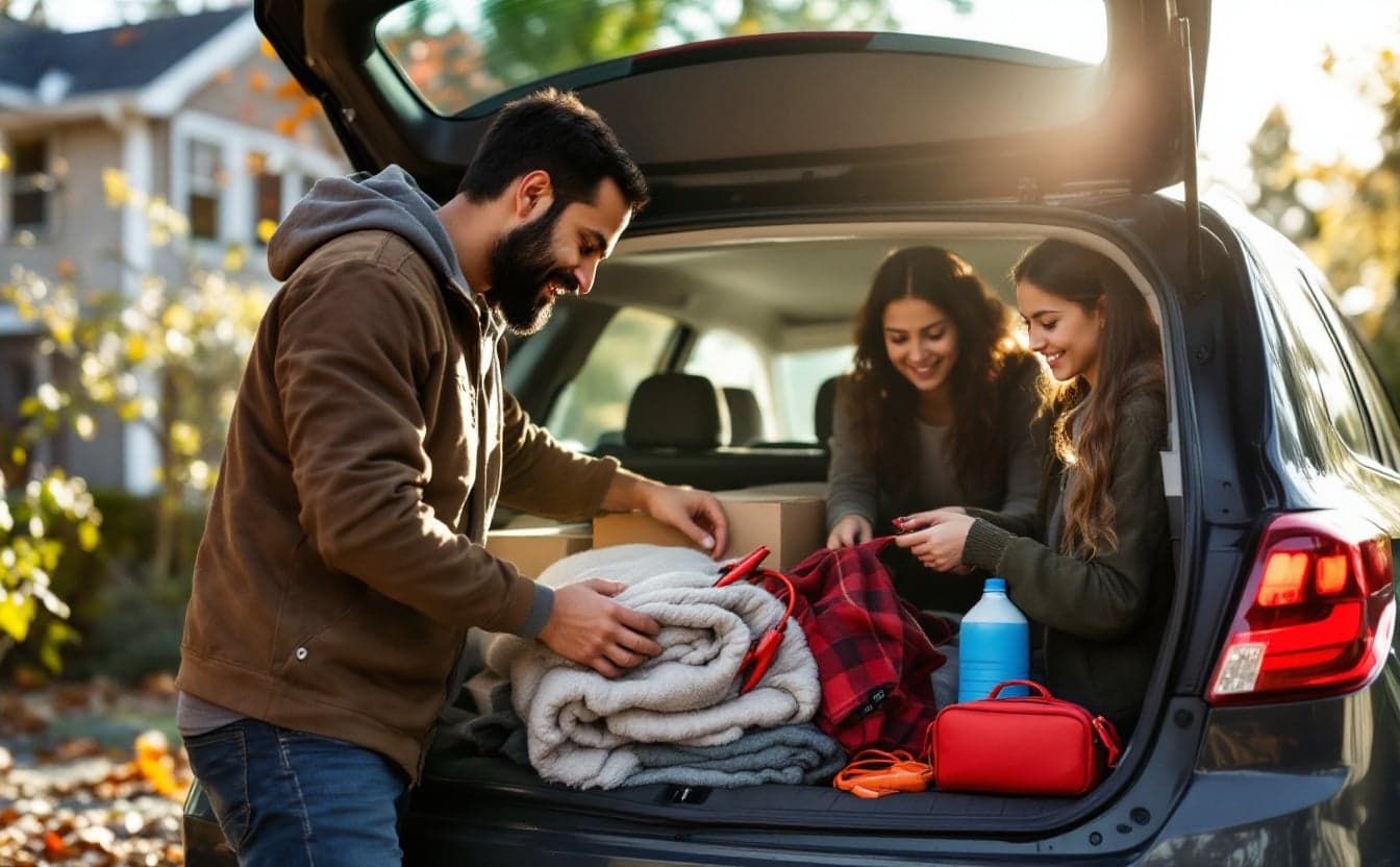 A father and two teenage girls sorting a blanket, jumper cables, a water bottle and a first aid bag in the open trunk of a car on an autumn day.