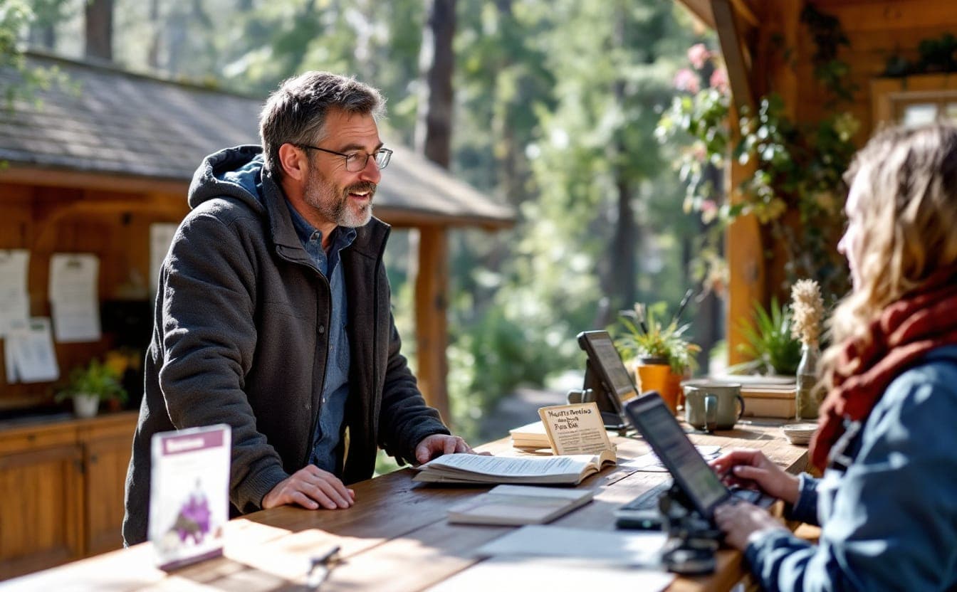 A mid-career job seeker talking with a staff member at a nature center desk.