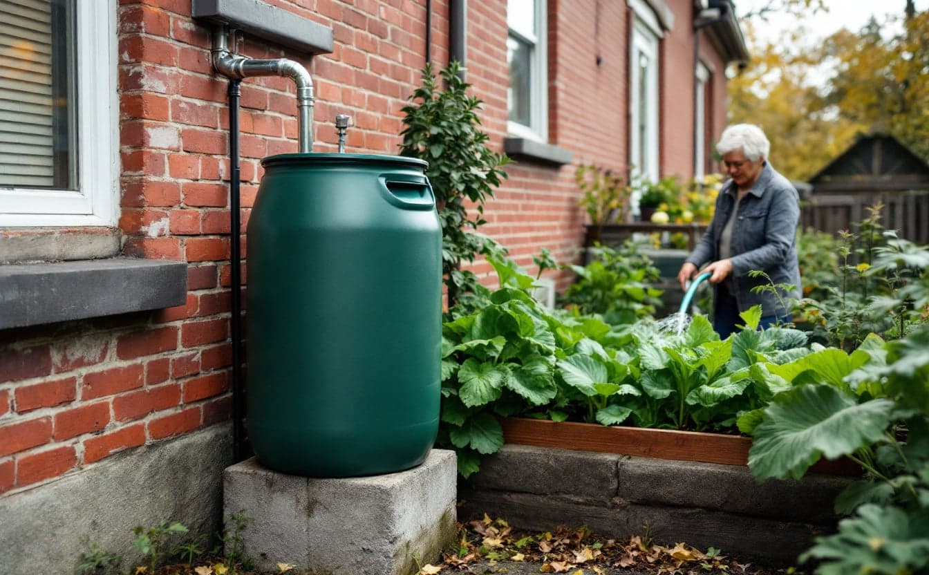 A plain green rain barrel on a cinder block stand beside a brick row house, its hose running to a raised vegetable bed where an older woman waters the plants.