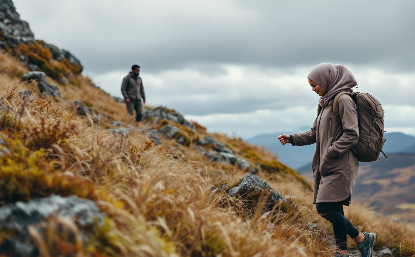 Two hikers on a grassy ridge trail under gray autumn clouds, one in a hijab and a long jacket with a daypack.