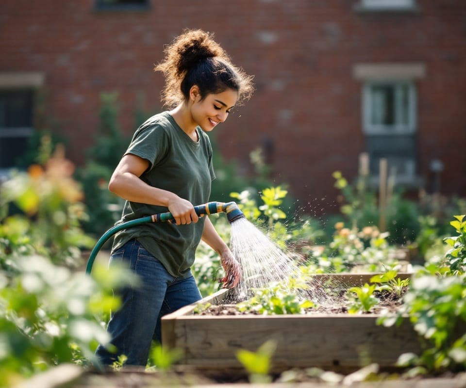 A gardener watering raised vegetable beds in a community garden