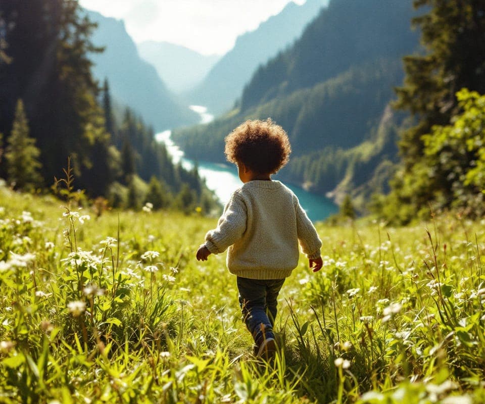 A child walking through a green meadow below forested mountains