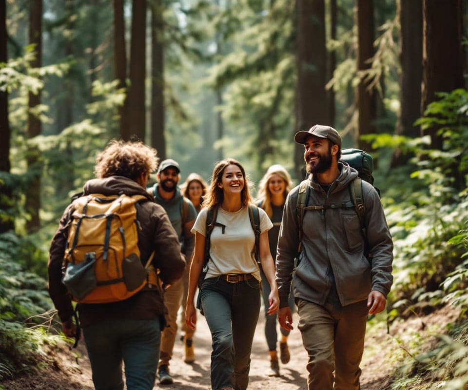 A group of hikers with daypacks on a forest trail
