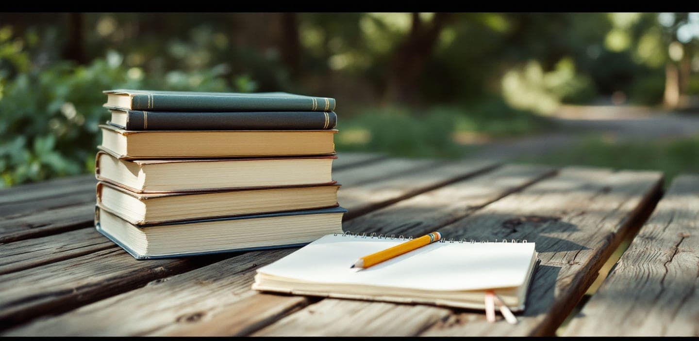 Books and a field notebook on a picnic table outdoors