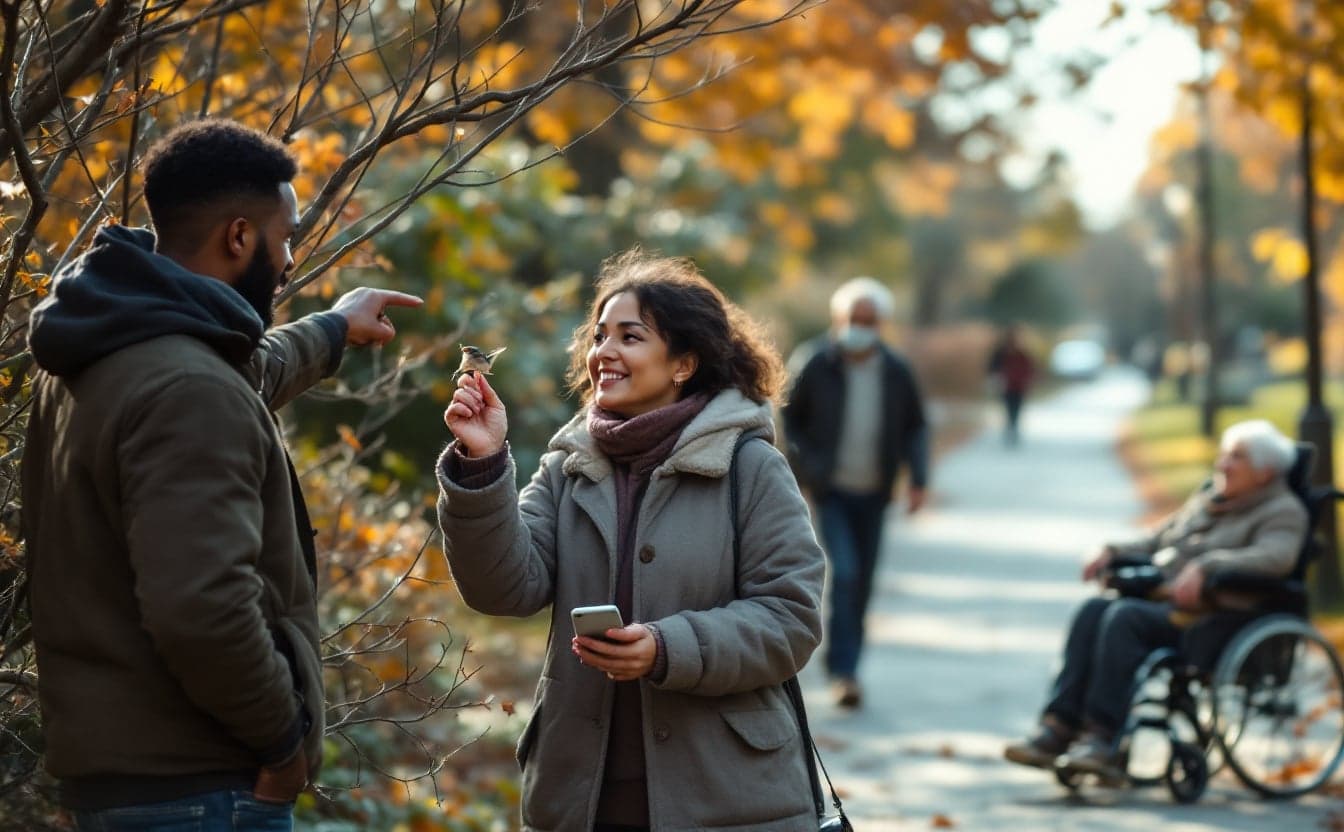 Three adults of different ages on a paved park path, one in a wheelchair, one pointing at a small bird in a shrub and one holding up a phone to record its song.
